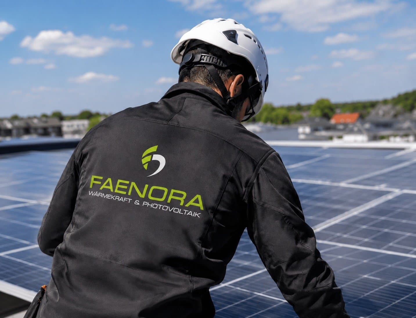 Monteur von FAENORA GmbH in Firmenjacke montiert Photovoltaik-Module auf einem Dach
